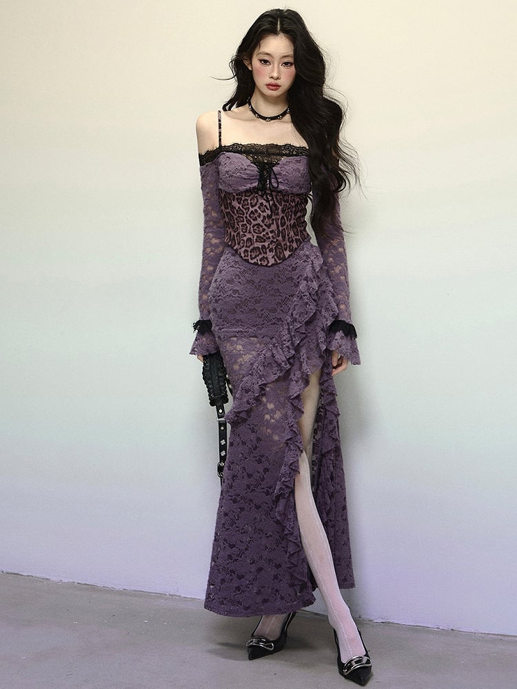 Purple Leopard Corset Bodice High Slit Flounce Hem Mermaid Skirt Off Shoulder Lace Dress Evening Gown