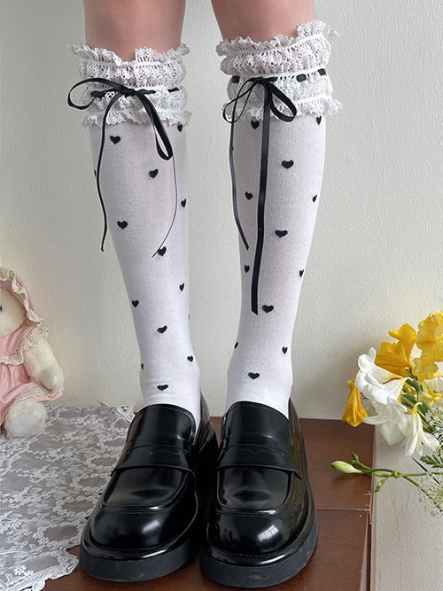Black Trim Under-Knee Stockings Heart White Lace Pattern Lolita