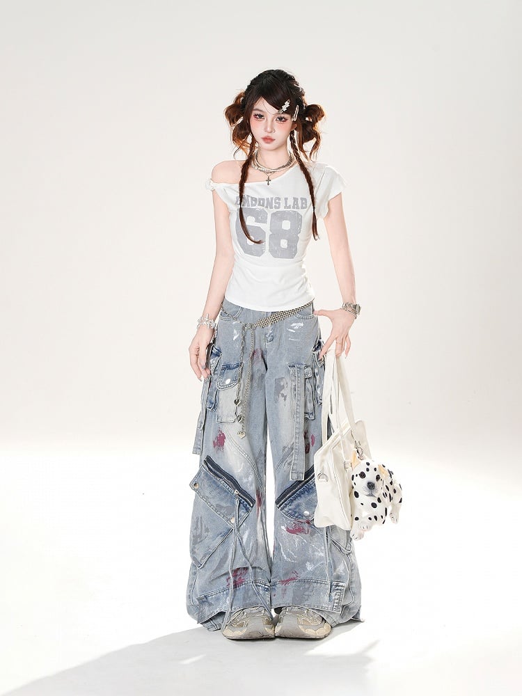 Niedrige Details Distressed Spray Paint Print Blau Weite Jeans Rise Zipper
