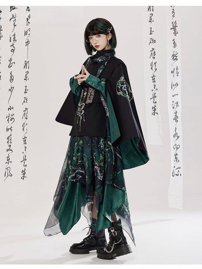 Green Black Chinese Cloak Asymmetrical Embroidery