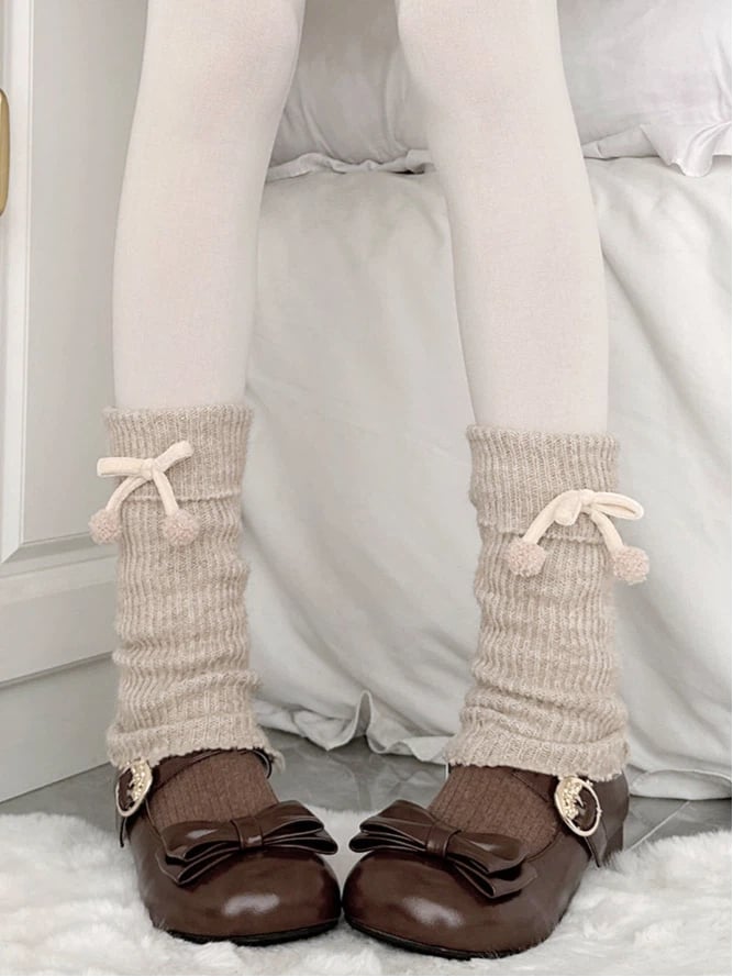 Ribbed Pom-Pom Khaki Warmers with Style) Cozy Accents (Sweet Leg Bow