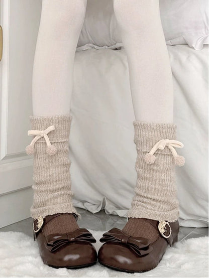 Ribbed Pom-Pom Khaki Warmers with Style) Cozy Accents (Sweet Leg Bow