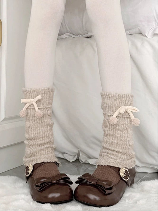 Ribbed Pom-Pom Khaki Warmers with Style) Cozy Accents (Sweet Leg Bow