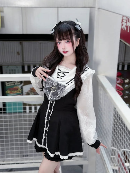 White Set: Jirai Kei Coord with and Collar Black Sailor Matching Nautical Dress Shorts