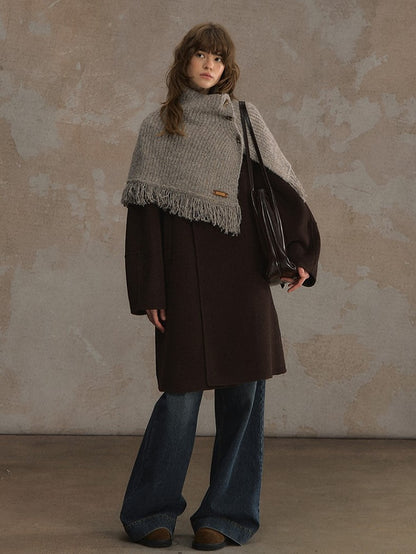 Écharpe Camel/Gris Hiver Douillet à Brandebourg Effiloché et Bords Tricotés