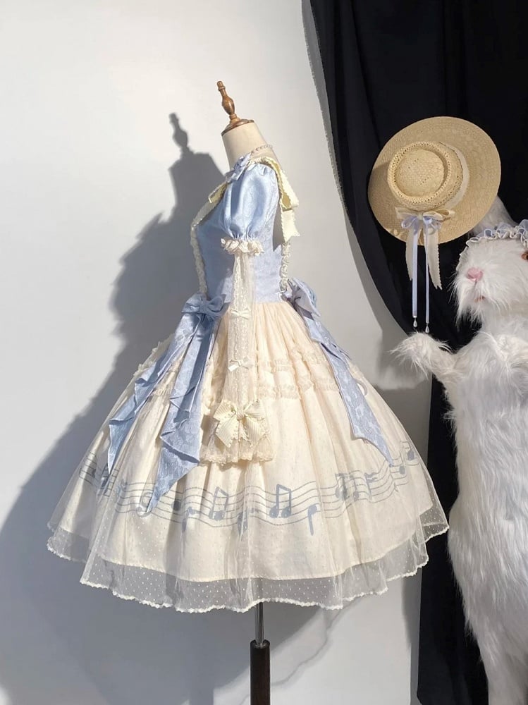 Lolita Blue Note Version Elegant Lace Dress Classic Musical Short Print Beige Violin Embroidery with