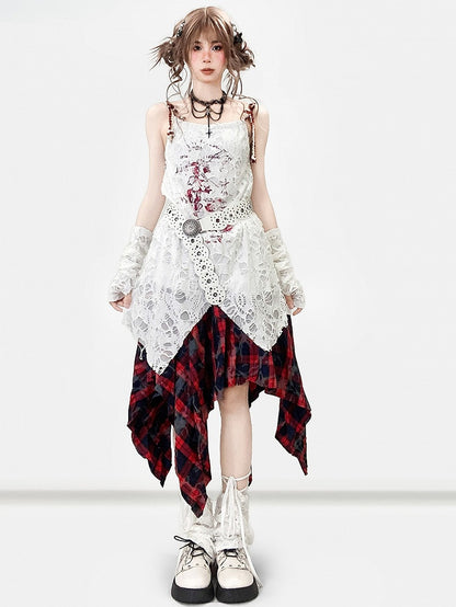 袖付きホワイトデザインカットアウトキャミソールプリントドレスの詳細Y2K