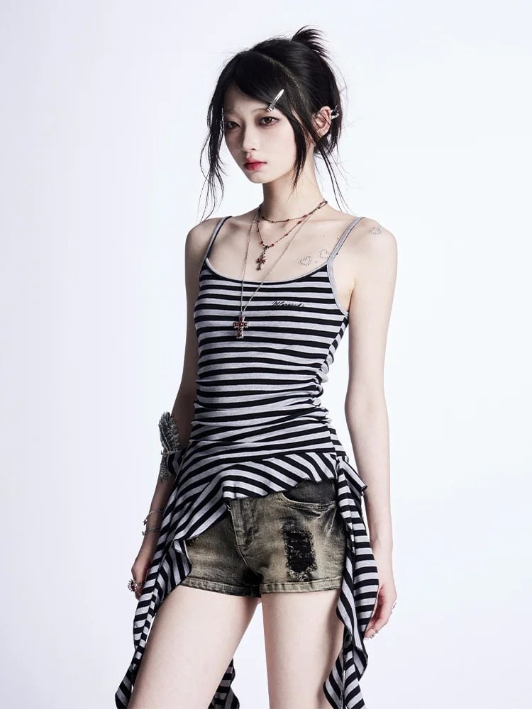 Vintage Black  Grey Stripes Cascading Ruffle Accents Cami Top