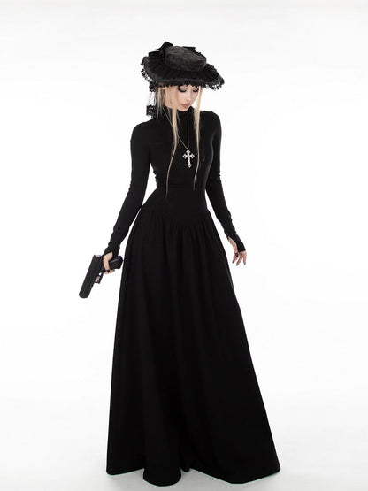 Black A-Line High-Neck Dress with Gothic Thumbhole Cuffs