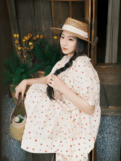 Beige Lace Trim Short Sleeve Dress with Colorful Polka Dot Print - Mori Doll