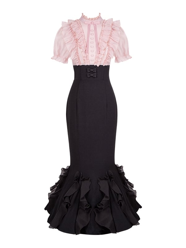 Meerjungfrau-Lolita- und Stäbchen-Design, elegantes Kleid, rosa Taillenbluse, zwei falsche schwarze Röcke