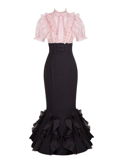 Meerjungfrau-Lolita- und Stäbchen-Design, elegantes Kleid, rosa Taillenbluse, zwei falsche schwarze Röcke
