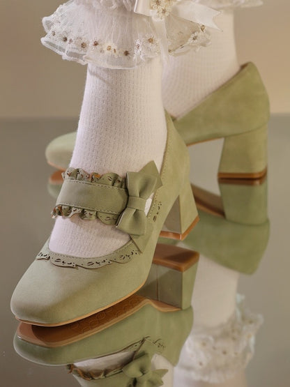 Lace High with Bow Green Block Heels Scalloped Sweet Fit - Slip-In Design Hem Accents Lolita