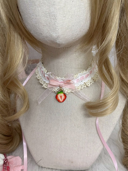 Sweet Strawberry Lace Lolita Pendant Trim with and Choker Pink