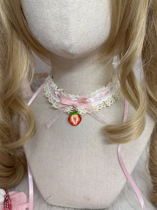Sweet Strawberry Lace Lolita Pendant Trim with and Choker Pink