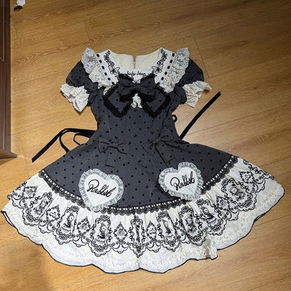 Gray Dot Sweet Lace-Trimmed Pattern Rabbit Dress Appliques with Polka Lolita Sweetheart