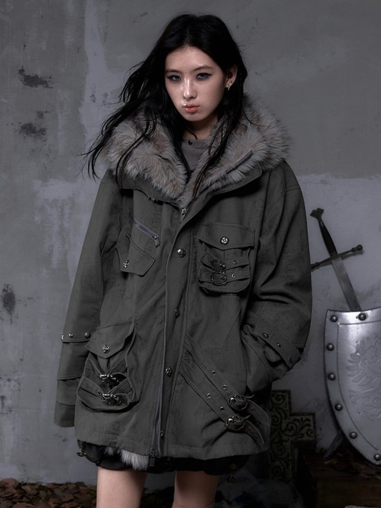 Punk Heavy-Duty Green Diagonal Fuzzy Pockets 3D Coat Dark Hood Straps with