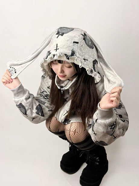Jacket Fleece Pattern Kei Hooded Jirai Cartoon Bunny-Ear Gray Bunny