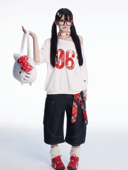 ヴィンテージナンバープリント ホワイト アシンメトリーネックライン Tシャツ