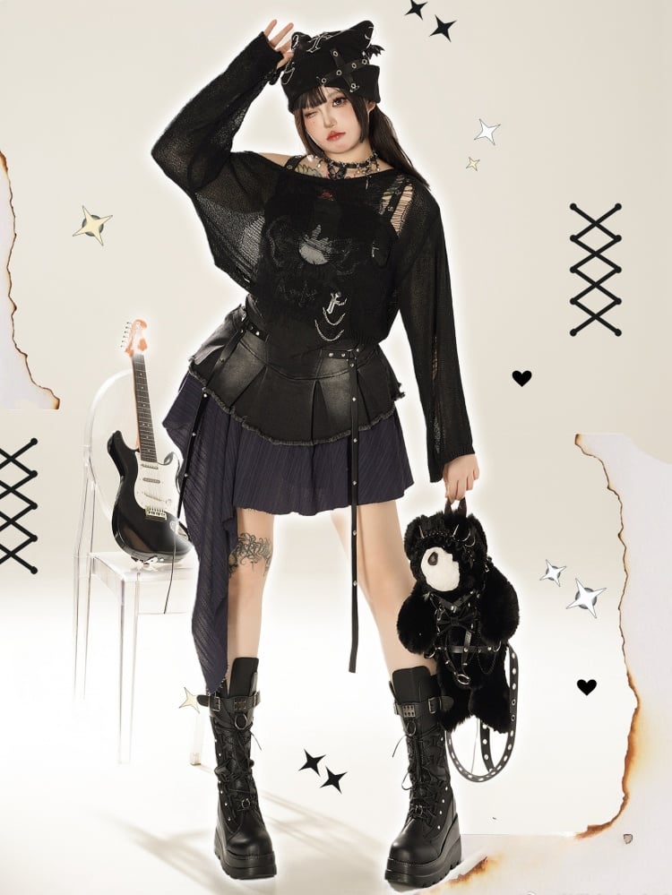 プラスサイズ ブラック ダメージ加工 ホールズ ニット トップス チェーン付き