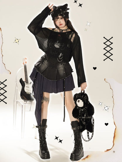 プラスサイズ ブラック ダメージ加工 ホールズ ニット トップス チェーン付き