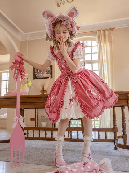 Sweet Straps Bunny Apron Shoulder Embroidery Flutter Pink Lolita