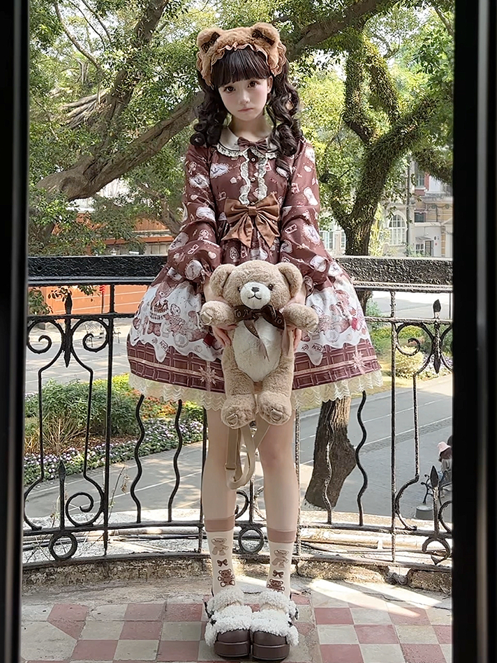 Lolita Trim Print Sweet Chocolate Bear OP Coffee with Teddy Lace