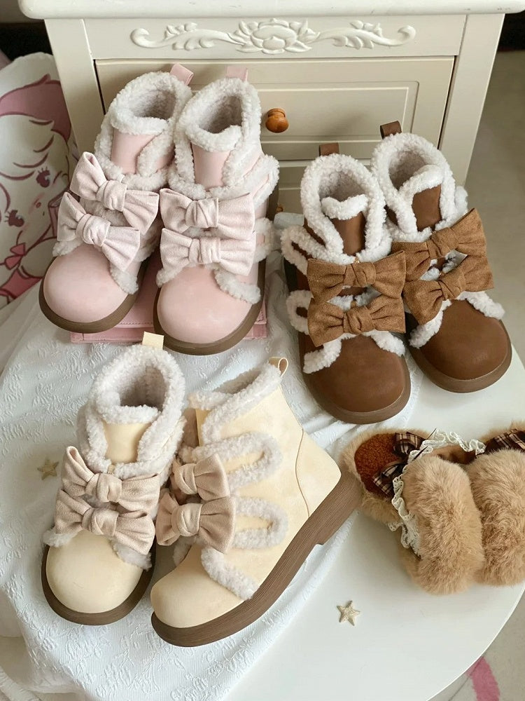 and Lining Ankle Sweet Fleece Removable White - Winter Lolita Bow Pink Details Boots