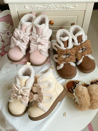 and Lining Ankle Sweet Fleece Removable White - Winter Lolita Bow Pink Details Boots