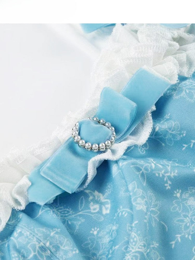 Top Holiday Trim Floral Bowknot + Details Cami Ruffles Blue