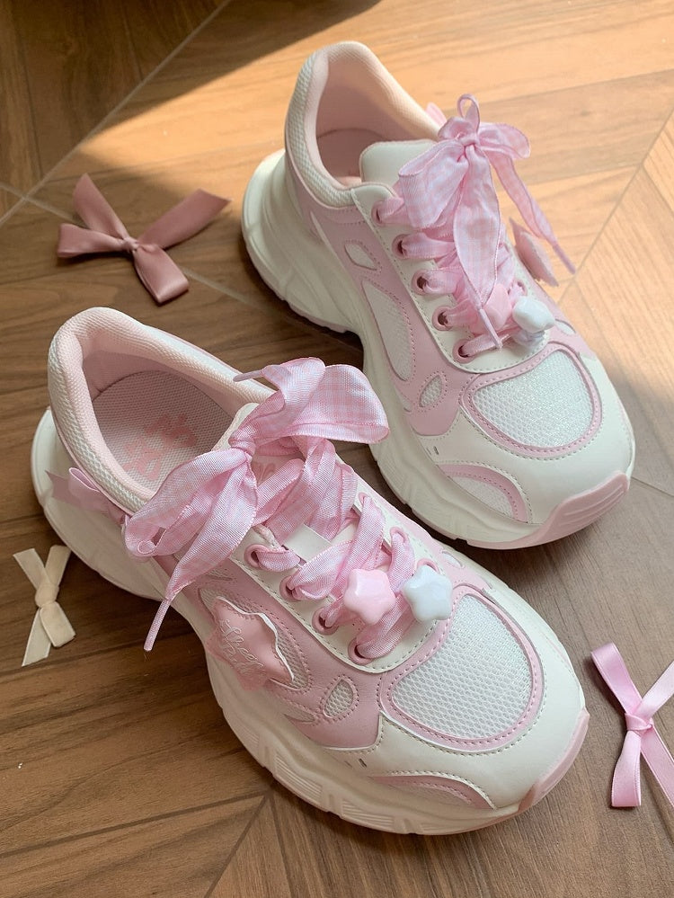 Design - Pink Lolita Platform Sneakers Lace-Up Star with Sweet Accents White Bow Plaid