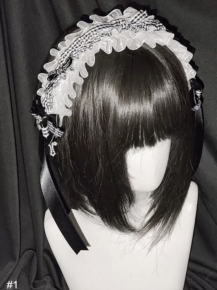 2-Tone Black & White Lace Hairband Rhinestone Cross