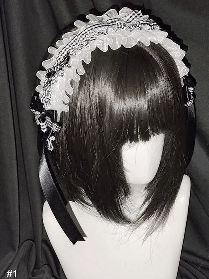 2-Tone Black & White Lace Hairband Rhinestone Cross