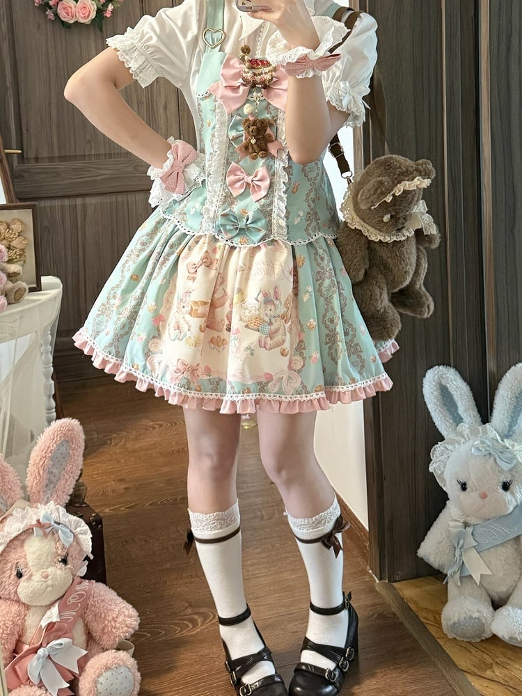 Mint Strawberry & Cake Print Adjustable-Strap Jumper Dress - Honey Village