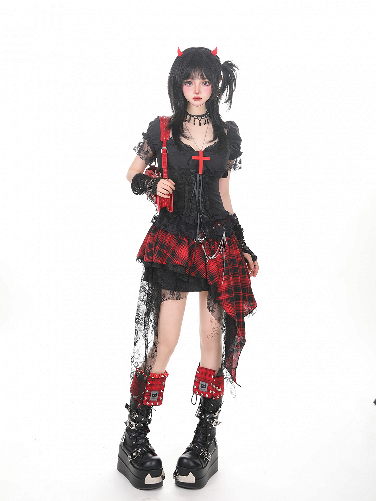 Gothic Black Lace-Up Fitted Puff Sleeve Top with Lace Trim