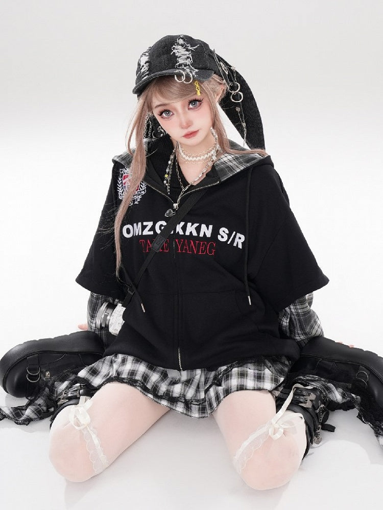 Plaid Patchwork Hoodie Schwarz Ärmel Weiß