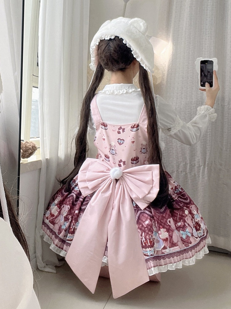 and Sweet Bear Lolita Print + Dress Big Bow Cake Overall Pink Train