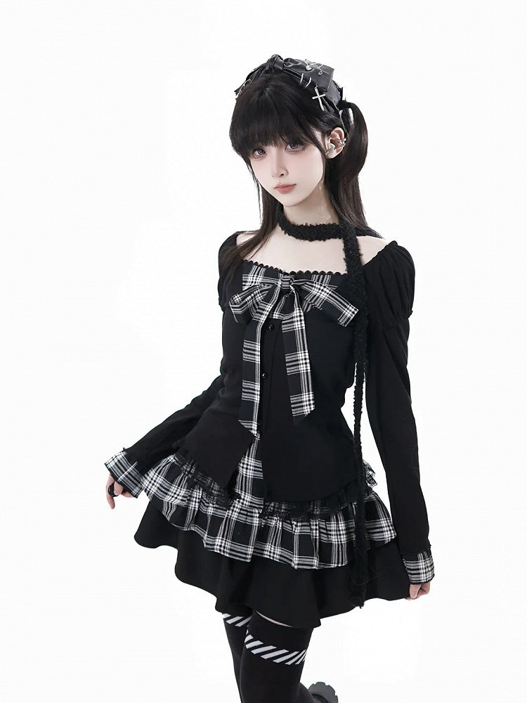 Lace Trim with Tiered Skirt Black Plaid