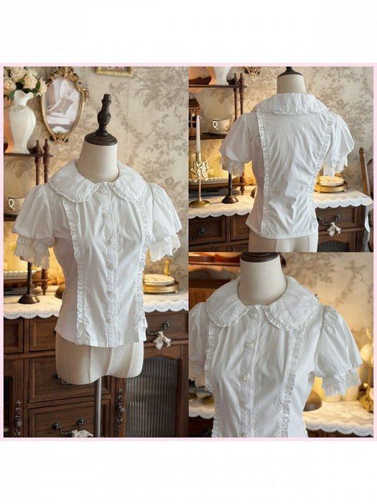 White Short-Sleeve Blouse with Peter Pan Collar and Lace - sedef
