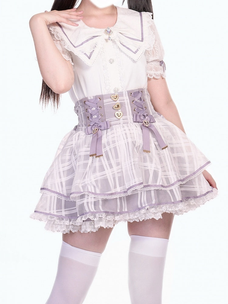 High Purple Plaid with Layer Lace-up Waist Jirai Triple Organza Skirt Detail Kei