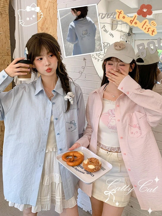 Back Shirt Kitty Embroidery on Pocket Kitty-shaped Detail Blue/Pink Loose Cutout
