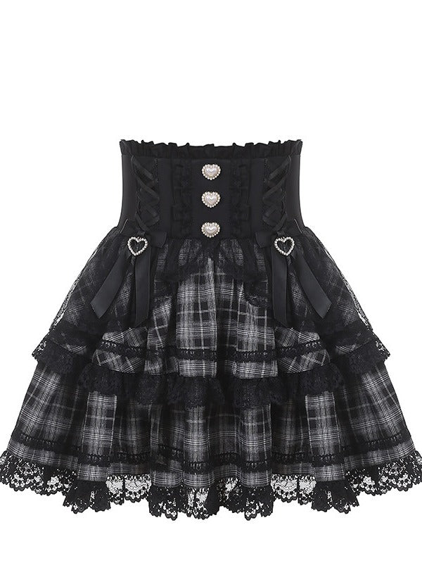 Black Jirai Kei Plaid High-Waist Skirt with Lace Trim Detail - Puppet Bombs