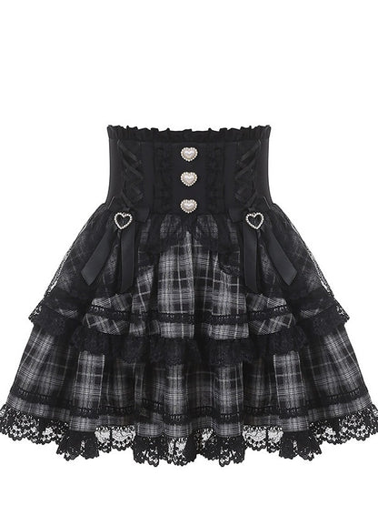 Black Jirai Kei Plaid High-Waist Skirt with Lace Trim Detail - Puppet Bombs