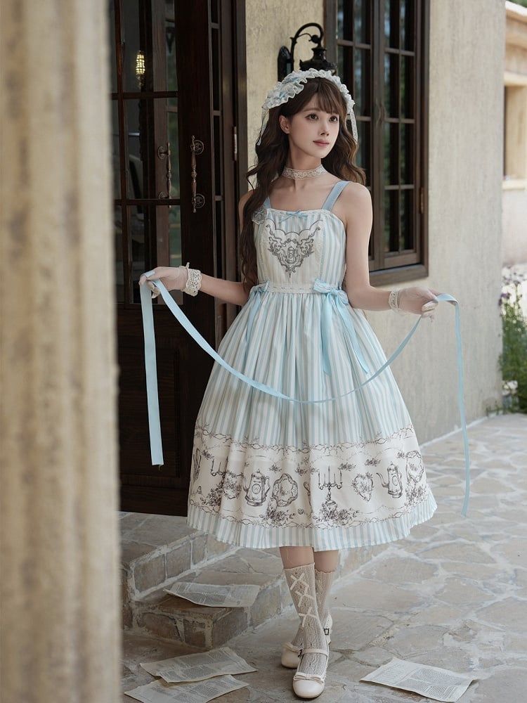 Antique Porcelain Print and Embroidery Classic Lolita JSK Dress with Blue and Gray Striped Pattern - Birds Diary