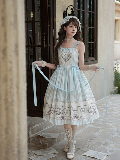 Antique Porcelain Print and Embroidery Classic Lolita JSK Dress with Blue and Gray Striped Pattern - Birds Diary