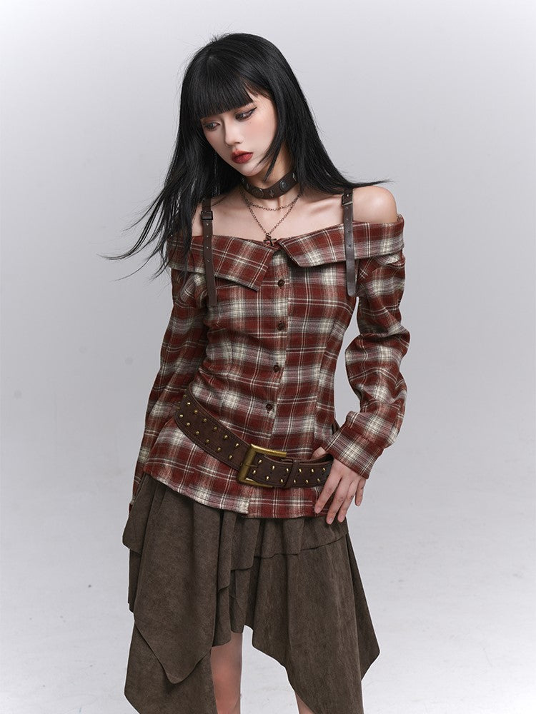 Plaid Off-Shoulder Design Blouse Gothic with PU Adjustable Red