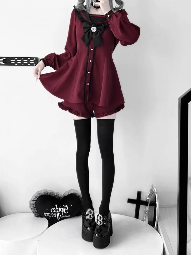 Kei-Ohren, Jirai, rotes Set – Schleifendesign auf der Rückseite + weinrotes Minikleid + Shorts mit Rüschensaum, Krawatte, Matrosenkragen, Hase