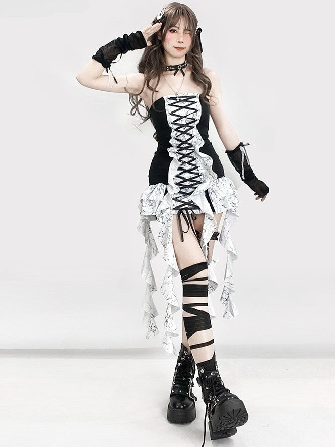 Strapless BlackWhite Glamorous Y2K Trim Lace-up Cascading Detail Dress Ruffle