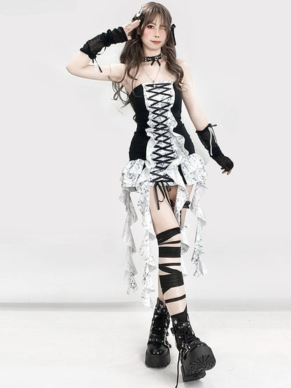 Strapless BlackWhite Glamorous Y2K Trim Lace-up Cascading Detail Dress Ruffle