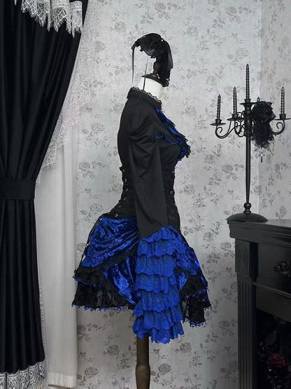 Lolita Skirt Waist Sleeves and Boned Blue Tie Jabot Gothic Long + Black Full - Shirt Hat Mini Klein Set Bell High